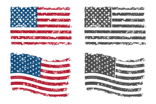 Four distressed-style American flag illustrations in color and grayscale, two static and two waving.