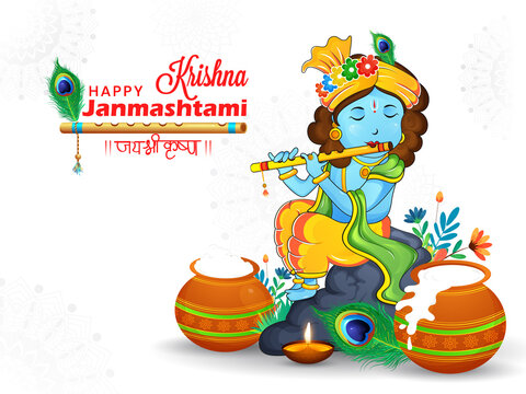 Krishna playing flute on a stone with peacock feather, pots, and festive decorations for Janmashtami.