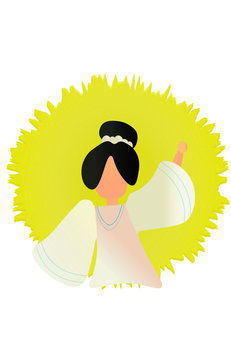 Stylized illustration of a woman in traditional attire with black hair bun, white sleeves, and radiant yellow halo background.