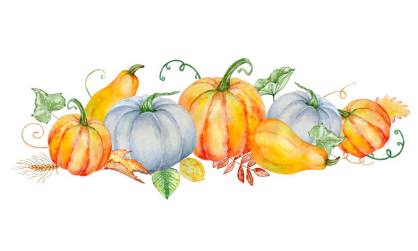 Watercolor illustration of autumn pumpkins, gourds, leaves, and vines in warm orange, blue, and green tones.