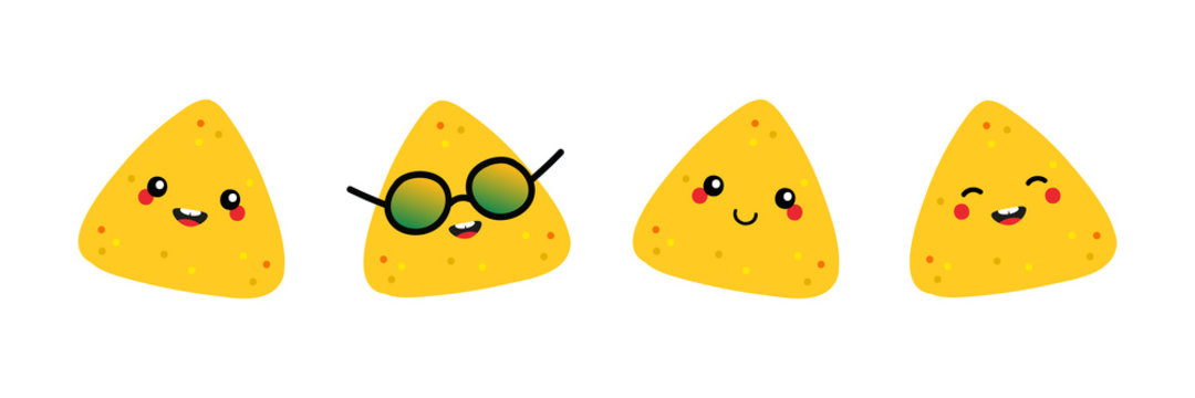 Four cute cartoon nacho chips with expressive faces-smiling, wearing sunglasses, winking, and blushing-on a white background.