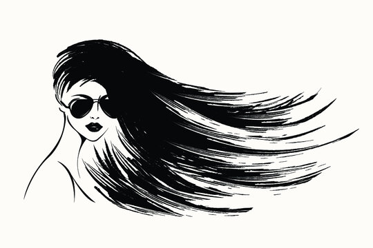 Stylish woman with flowing black hair and sunglasses in bold ink illustration.