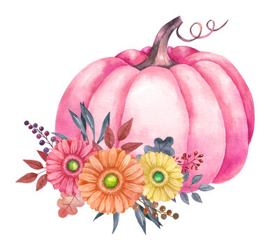 Watercolor pink pumpkin with autumn flowers and leaves, decorative seasonal illustration.