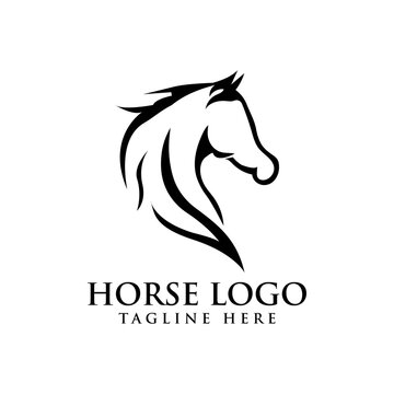 Stylized black-and-white horse head logo with flowing mane and clean lines, ideal for equestrian or luxury branding.