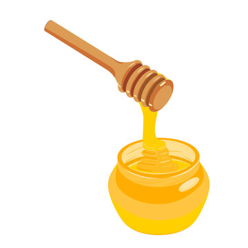 Wooden honey dipper drizzling golden honey into a glass jar.