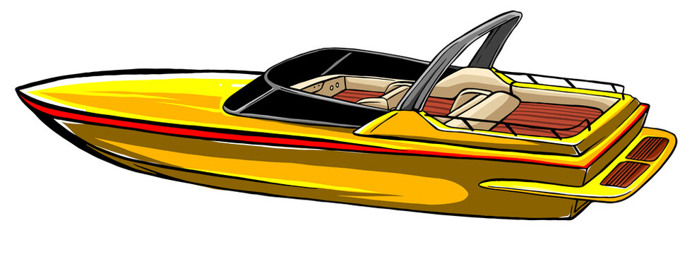 Vibrant yellow speedboat with red trim, tan interior, and black windshield, illustrated in cartoon style.