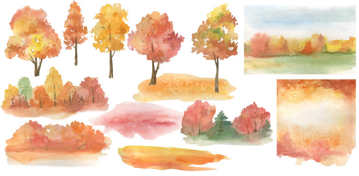Watercolor autumn trees and landscape elements in warm orange, red, and yellow tones.