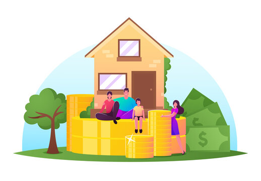 Family sitting on giant gold coins in front of a house with stacks of money and trees, symbolizing home equity and savings.