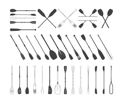 Collection of black-and-white paddle and oar silhouettes in various styles and orientations for design or illustration use.
