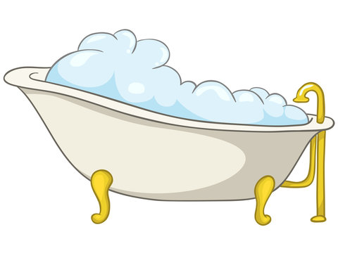 Classic clawfoot bathtub filled with bubbly blue water and golden fixtures.