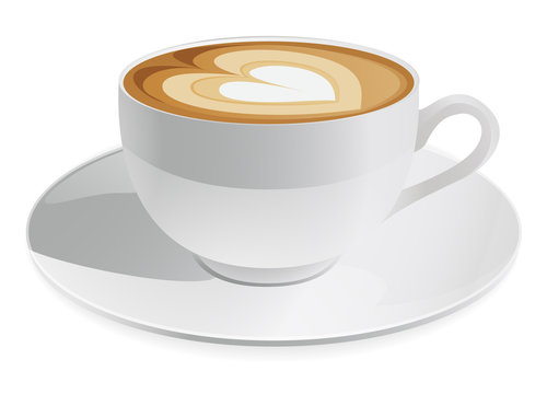 White ceramic cup of latte with heart-shaped foam art on a matching saucer, isolated on white background.