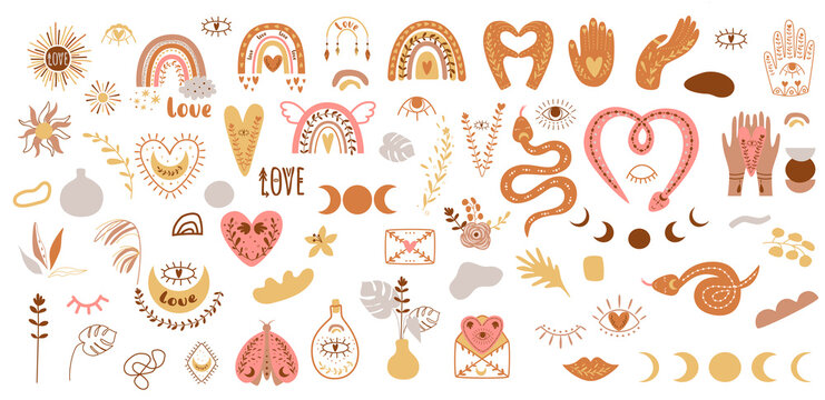 Bohemian-style illustration set with rainbows, hearts, hands, snakes, moons, plants, and spiritual symbols in warm earth tones.