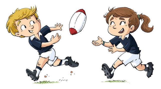Two smiling children in rugby uniforms chasing a flying oval ball on grass.