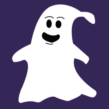 Friendly white cartoon ghost with smiling face on purple background