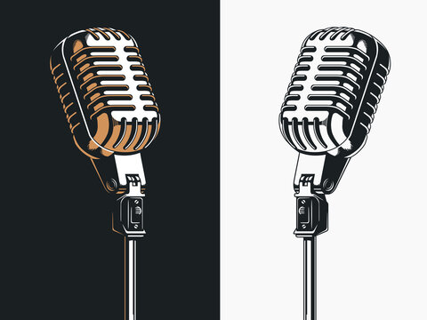 Vintage-style microphone illustration in two color schemes: warm-toned on dark background and monochrome on light background.