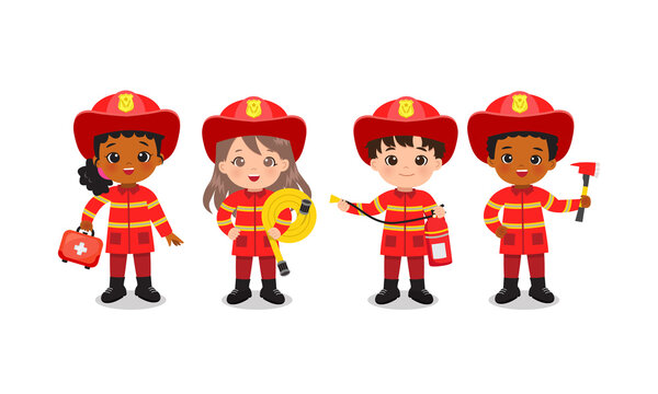 Four diverse cartoon children in red firefighter uniforms holding gear like a first-aid kit, hose, extinguisher, and axe.