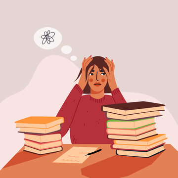 Stressed student with hands on head, surrounded by books and a thought bubble with an atom symbol.