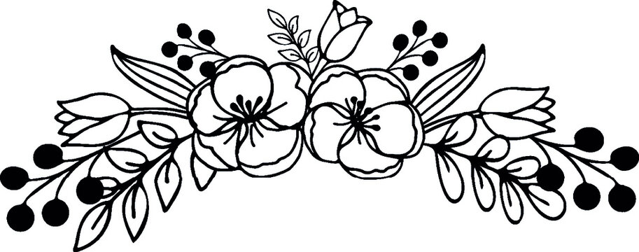 Black-and-white floral line art border with blossoms, leaves, and berries arranged symmetrically.