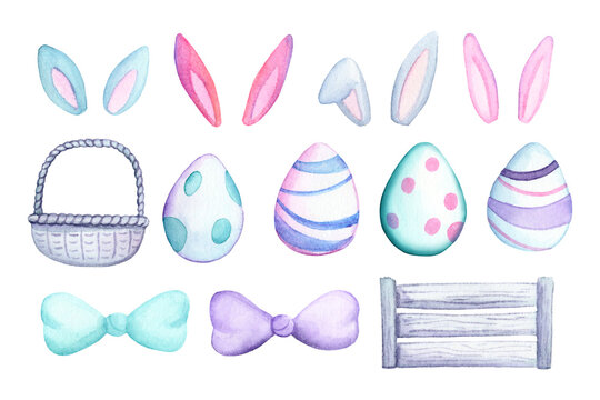 Watercolor Easter elements including bunny ears, decorated eggs, basket, bows, and wooden fence in pastel tones.