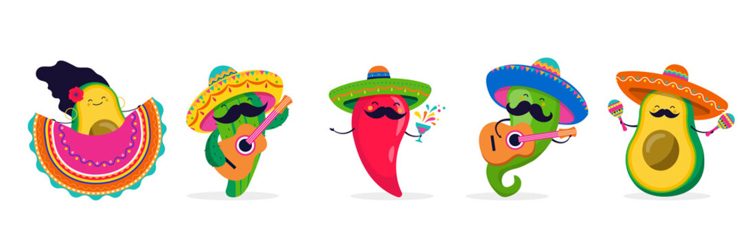 Five cartoon Mexican-themed food characters-avocado, jalapeño, chili pepper, and cactus-wearing sombreros, playing instruments, and dancing.