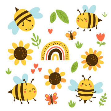Cute cartoon bees, sunflowers, rainbow, and leaves in a cheerful nature-themed illustration.