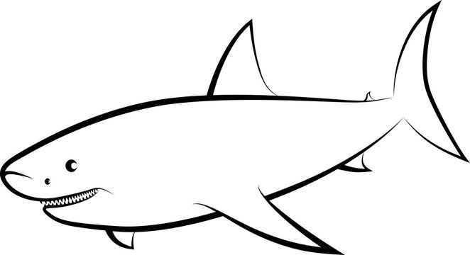 Black-and-white line drawing of a smiling shark with sharp teeth and prominent dorsal fin.