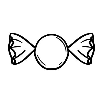 Simple black-and-white line drawing of a wrapped round candy with twisted ends.