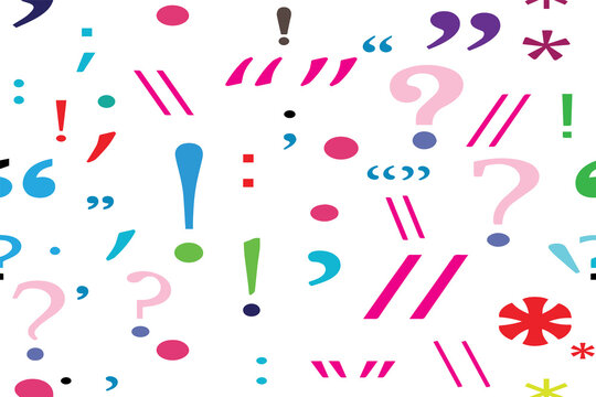 Colorful assortment of punctuation marks-including question marks, exclamation points, quotation marks, and commas-scattered across a white background.