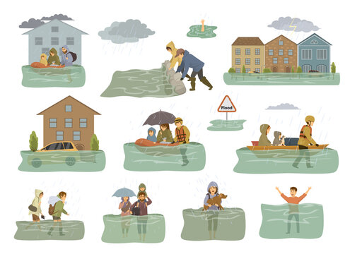 Illustration showing flood scenarios: homes submerged, people evacuating by boat, sandbagging, and wading through water.