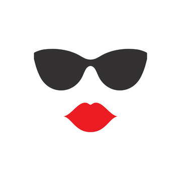 Stylish black cat-eye sunglasses and bold red lips on a white background, representing fashion and confidence.