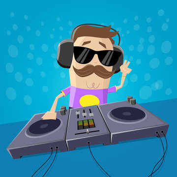 Cartoon DJ with mustache, sunglasses, and headphones mixing on turntables against a blue bubble background.