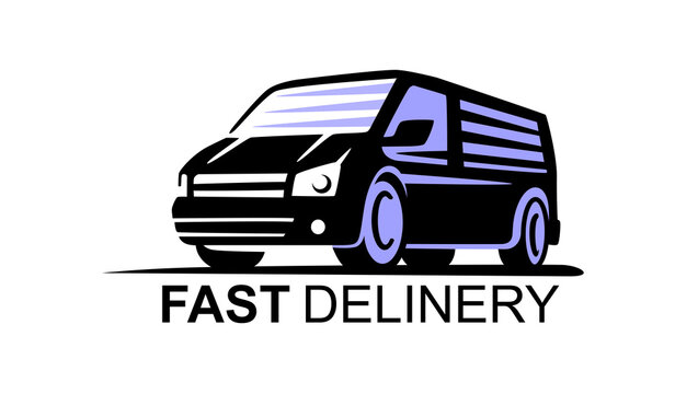 Black delivery van with purple accents and "FAST DELINERY" text below, stylized logo design.