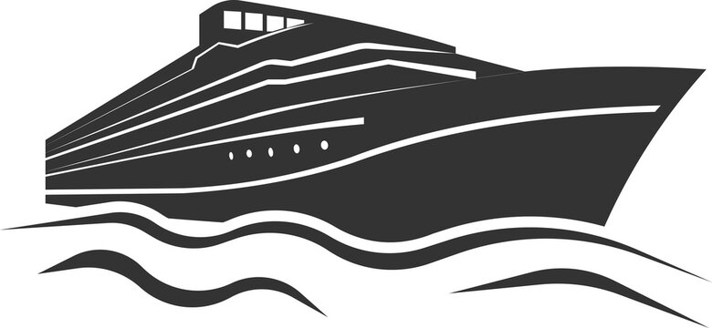 Black-and-white stylized cruise ship sailing on wavy water with deck lines and portholes visible.