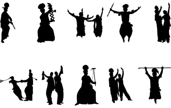 Silhouettes of traditional Indian dancers in dynamic poses with instruments and props, showcasing classical and folk dance forms.