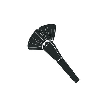Black fan-shaped makeup brush icon with bristles fanned out, stylized silhouette on white background.