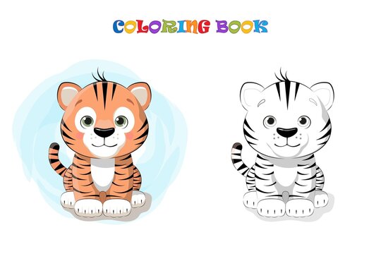 Cute cartoon tiger cub in color and black-and-white line art for coloring book pages.