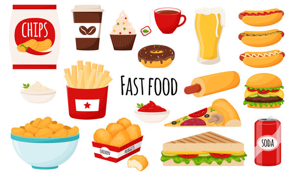 Collection of fast food items including fries, burgers, pizza, soda, chips, coffee, and desserts.