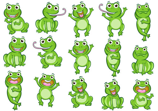 Collection of 15 cheerful green cartoon frogs in various playful poses and expressions.