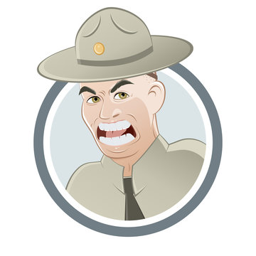 Angry cartoon drill sergeant in tan uniform and campaign hat, yelling with clenched teeth.