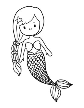 Cute cartoon mermaid with starfish hair accessory and scaled tail, smiling and waving.