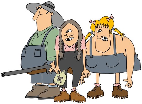 Cartoon of three rural characters: a man with shotgun, girl with jug, and blonde woman in overalls, all with exaggerated features.