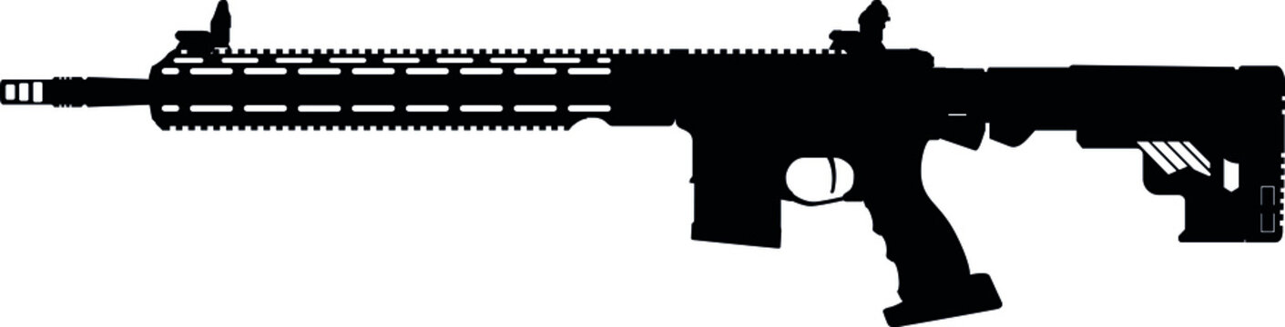 Silhouette of a modern tactical rifle with handguard, pistol grip, and adjustable stock.