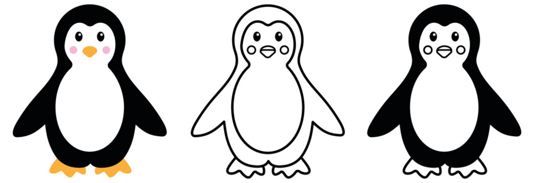 Penguin Illustration Set - Colored, Outline, and B&W Versions