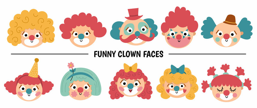 Ten colorful cartoon clown faces with varied hairstyles, noses, and accessories in a playful vector illustration.