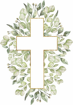 Elegant Watercolor Cross with Eucalyptus Wreath - Religious Art & Design