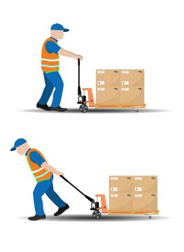 3d Character Workman with Red Hard Hat Pushing Pallet Truck Stock ...