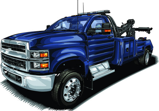 Blue heavy-duty tow truck with mounted winch and emergency lights, illustrated in bold graphic style.