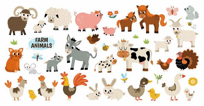 Cute cartoon farm animals including sheep, cow, pig, horse, chicken, rabbit, cat, and turkey in a colorful illustration.