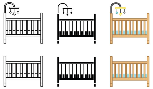 Crib Illustrations - Line Art, Solid, and Colored Baby Crib Designs