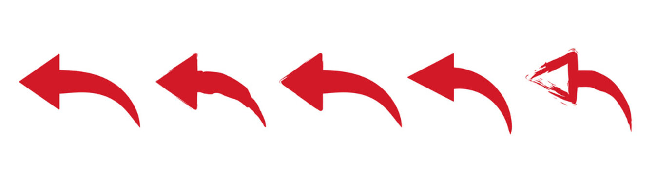 Five red left-pointing curved arrows in varying brushstroke styles on white background.